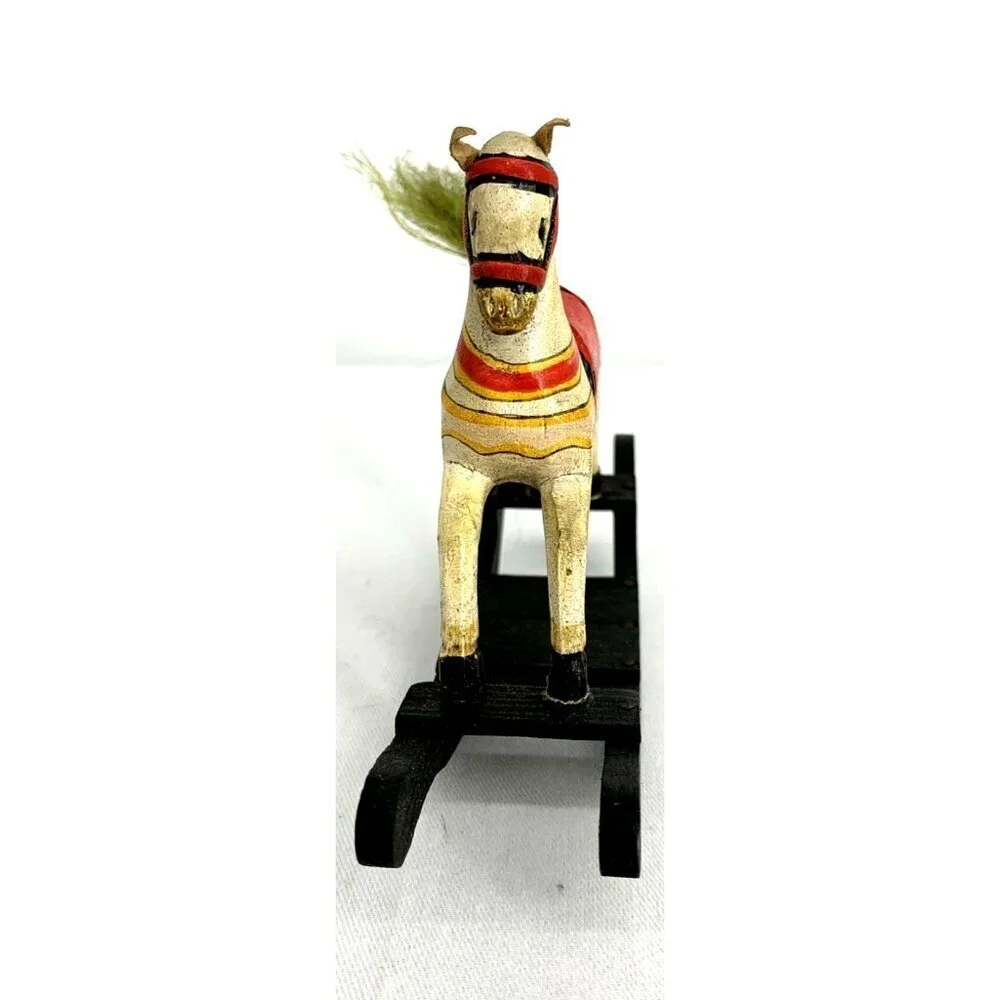 Wooden Rocking Horse Figurine Hand Painted Rope Tail Leather Ears 6